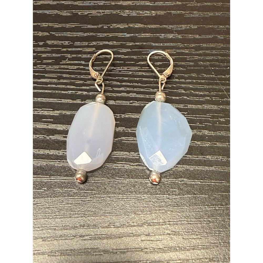 Sterling Silver 925 Pierced Earrings with Blue Chalcedony Dangles 2" Length